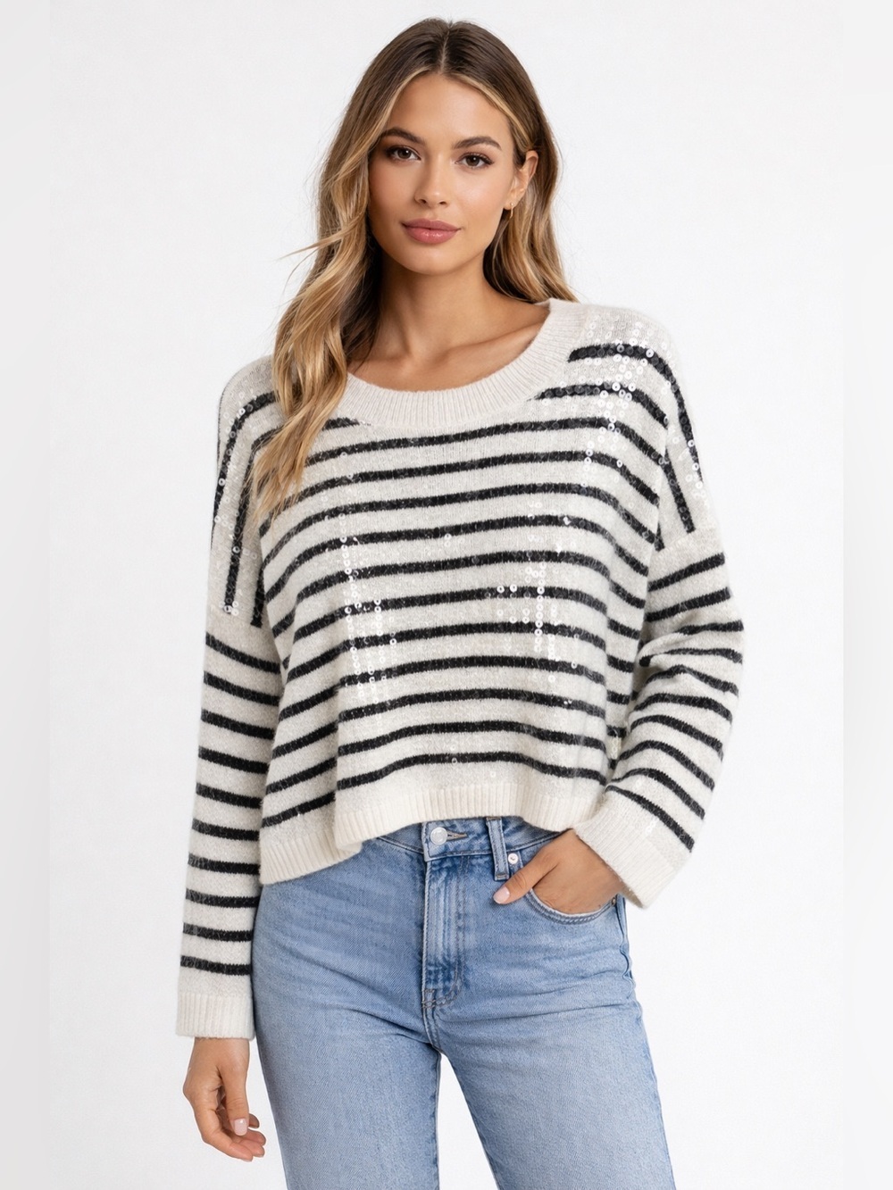 Vince Camuto Striped Sequined Crewneck Sweater Size M